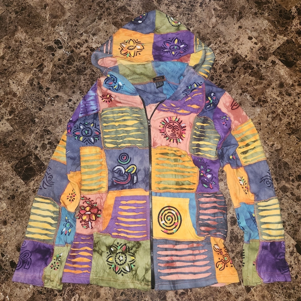 Rising International Patchwork Full Zip Hoodie Women Size Large Hippie Boho